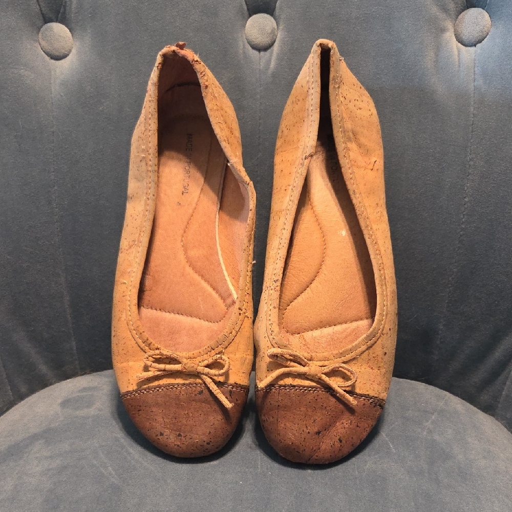 Tan and Brown Cork Flats with Bow Detail